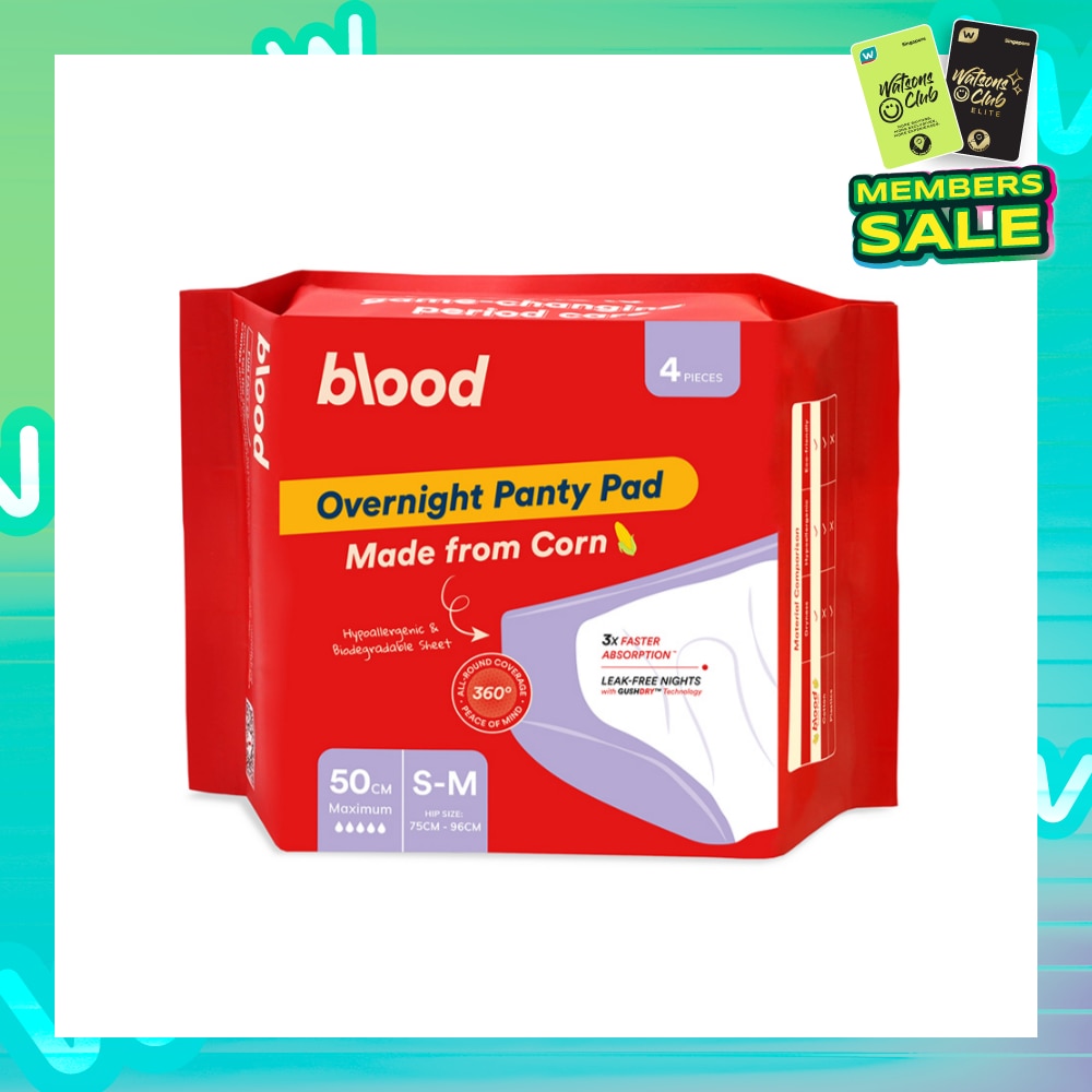 Overnight Sanitary Panty Pad Size S/M 50cm (Hip Size 75cm-96cm + Made from Corn + 360° Leak-Free Protection) 4s