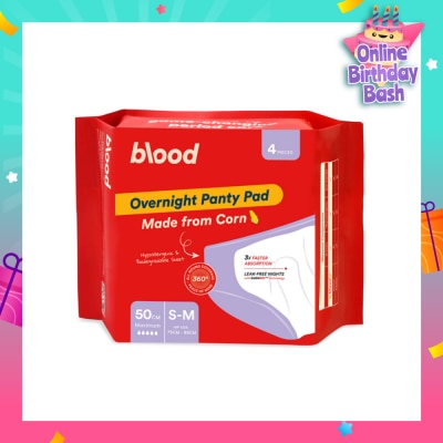 BLOOD Overnight Sanitary Panty Pad Size S/M 50cm (Hip Size 75cm-96cm + Made from Corn + 360° Leak-Free Protection) 4s
