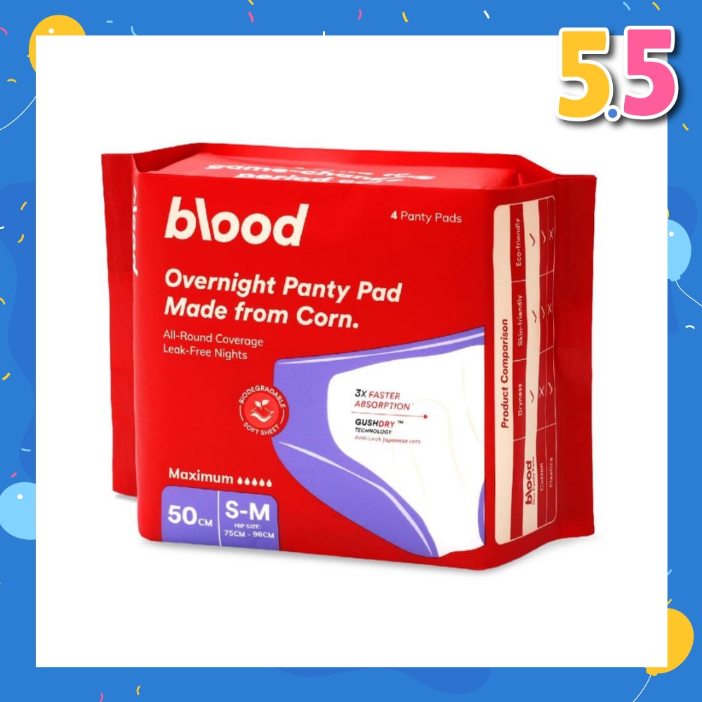 Overnight Sanitary Panty Pad Size S/M 50cm (Hip Size 75cm-96cm + Made from Corn + 360° Leak-Free Protection) 4s