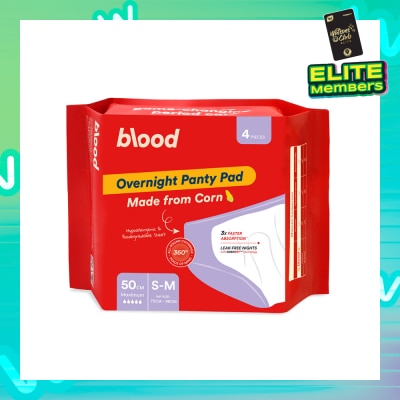 BLOOD Overnight Sanitary Panty Pad Size S/M 50cm (Hip Size 75cm-96cm + Made from Corn + 360° Leak-Free Protection) 4s