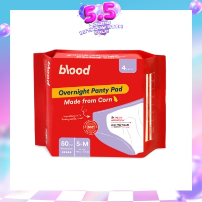 BLOOD - Overnight Sanitary Panty Pad Size S/M 50cm (Hip Size 75cm-96cm + Made from Corn + 360° Leak-Free Protection) 4s