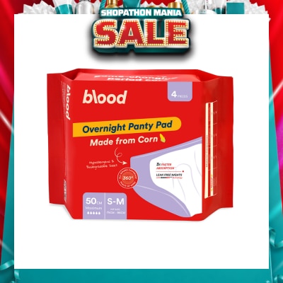 BLOOD - Overnight Sanitary Panty Pad Size S/M 50cm (Hip Size 75cm-96cm + Made from Corn + 360° Leak-Free Protection) 4s
