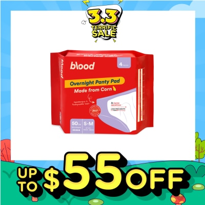 BLOOD Overnight Sanitary Panty Pad Size S/M 50cm (Hip Size 75cm-96cm + Made from Corn + 360° Leak-Free Protection) 4s