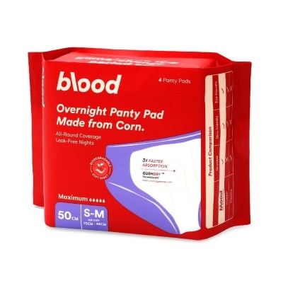 BLOOD Overnight Sanitary Panty Pad Size S/M 50cm (Hip Size 75cm-96cm + Made from Corn + 360° Leak-Free Protection) 4s