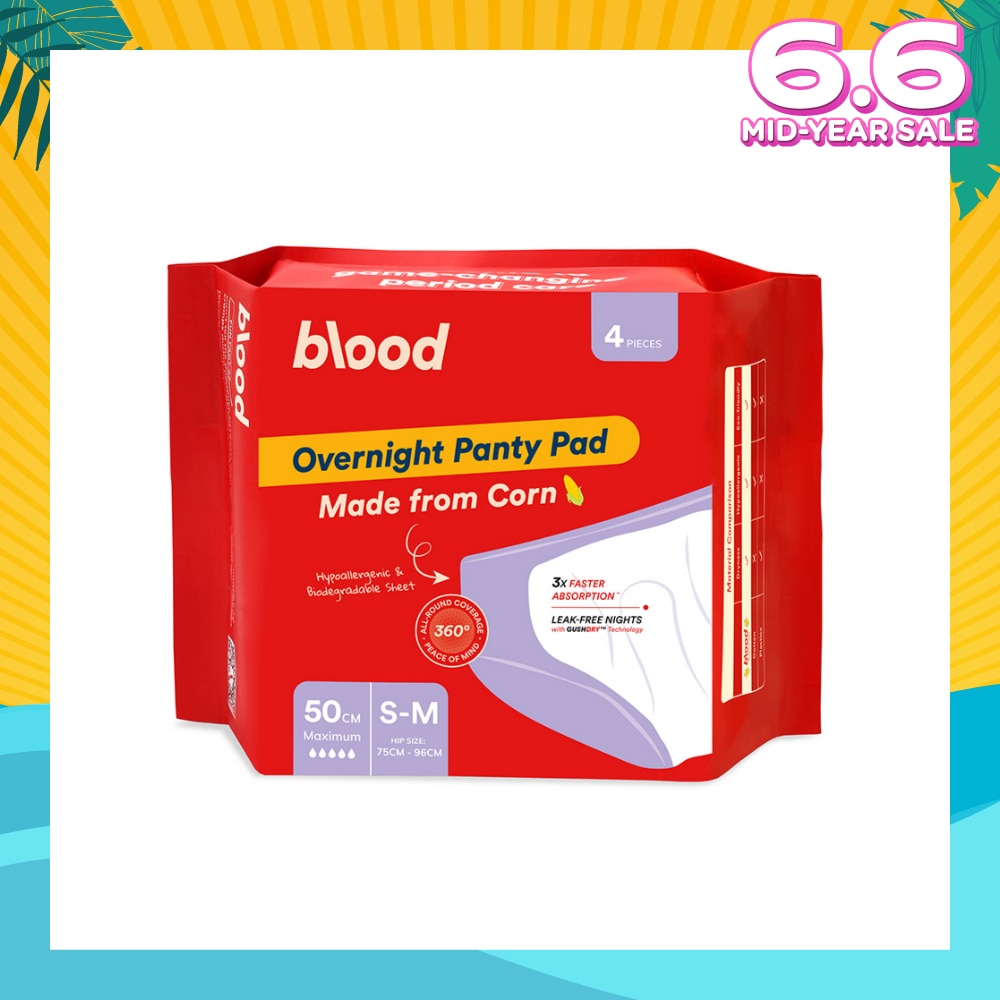 Overnight Sanitary Panty Pad Size S/M 50cm (Hip Size 75cm-96cm + Made from Corn + 360° Leak-Free Protection) 4s