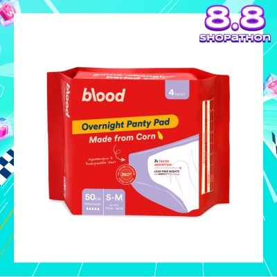 BLOOD Overnight Sanitary Panty Pad Size S/M 50cm (Hip Size 75cm-96cm + Made from Corn + 360° Leak-Free Protection) 4s
