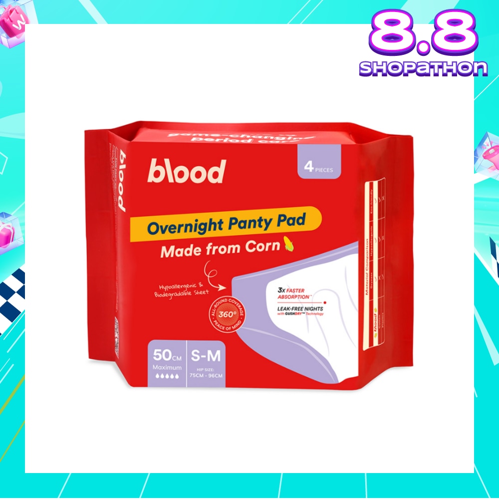 Overnight Sanitary Panty Pad Size S/M 50cm (Hip Size 75cm-96cm + Made from Corn + 360° Leak-Free Protection) 4s