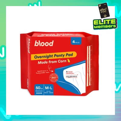 BLOOD Overnight Sanitary Panty Pad Size M/L 50cm (Hip Size 92cm-120cm + Made from Corn + 360° Leak-Free Protection) 4s
