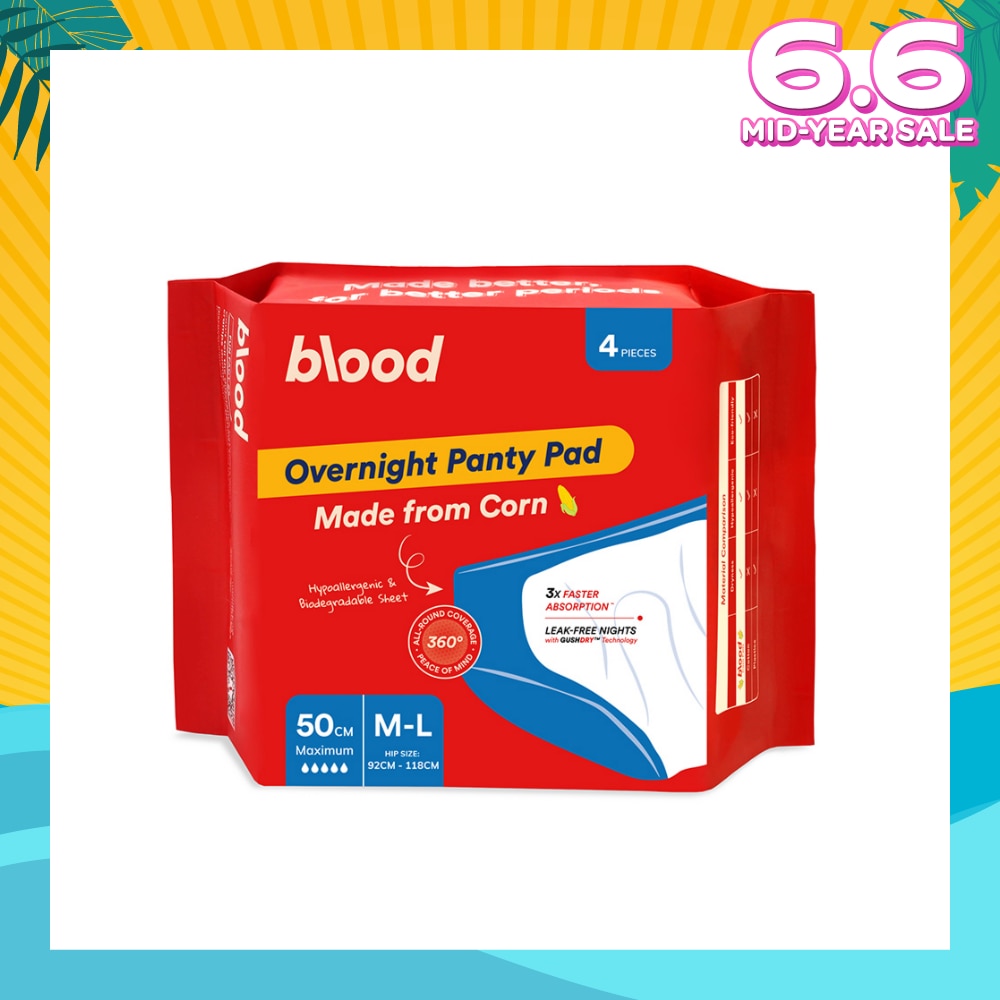 Overnight Sanitary Panty Pad Size M/L 50cm (Hip Size 92cm-120cm + Made from Corn + 360° Leak-Free Protection) 4s