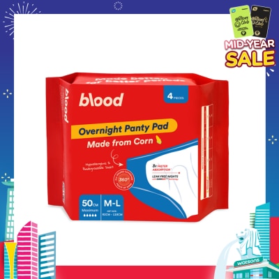 BLOOD Overnight Sanitary Panty Pad Size M/L 50cm (Hip Size 92cm-120cm + Made from Corn + 360° Leak-Free Protection) 4s