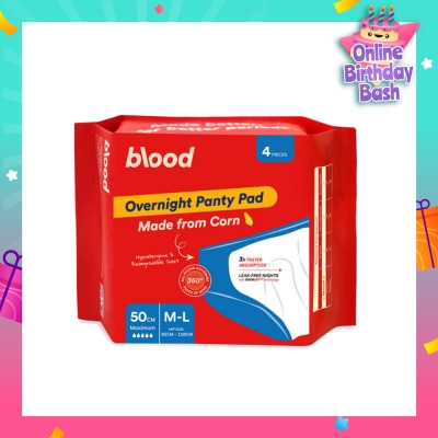 BLOOD Overnight Sanitary Panty Pad Size M/L 50cm (Hip Size 92cm-120cm + Made from Corn + 360° Leak-Free Protection) 4s