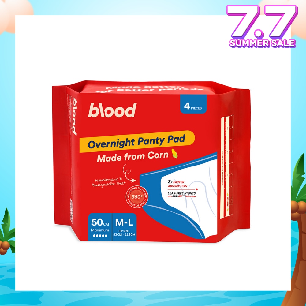 Overnight Sanitary Panty Pad Size M/L 50cm (Hip Size 92cm-120cm + Made from Corn + 360° Leak-Free Protection) 4s