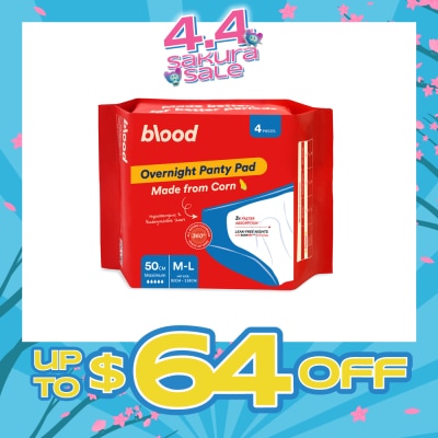 BLOOD - Overnight Sanitary Panty Pad Size M/L 50cm (Hip Size 92cm-120cm + Made from Corn + 360° Leak-Free Protection) 4s