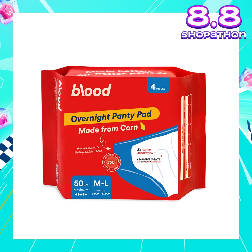 Overnight Sanitary Panty Pad Size M/L 50cm (Hip Size 92cm-120cm + Made from Corn + 360° Leak-Free Protection) 4s