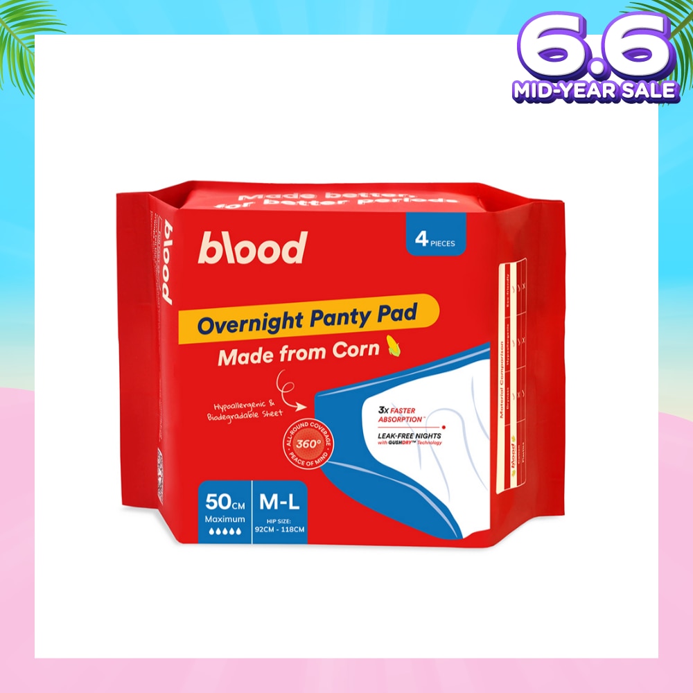 Overnight Sanitary Panty Pad Size M/L 50cm (Hip Size 92cm-120cm + Made from Corn + 360° Leak-Free Protection) 4s