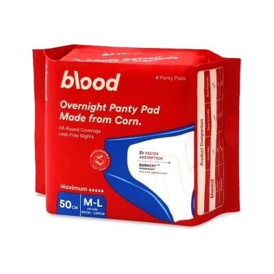 BLOOD Overnight Sanitary Panty Pad Size M/L 50cm (Hip Size 92cm-120cm + Made from Corn + 360° Leak-Free Protection) 4s