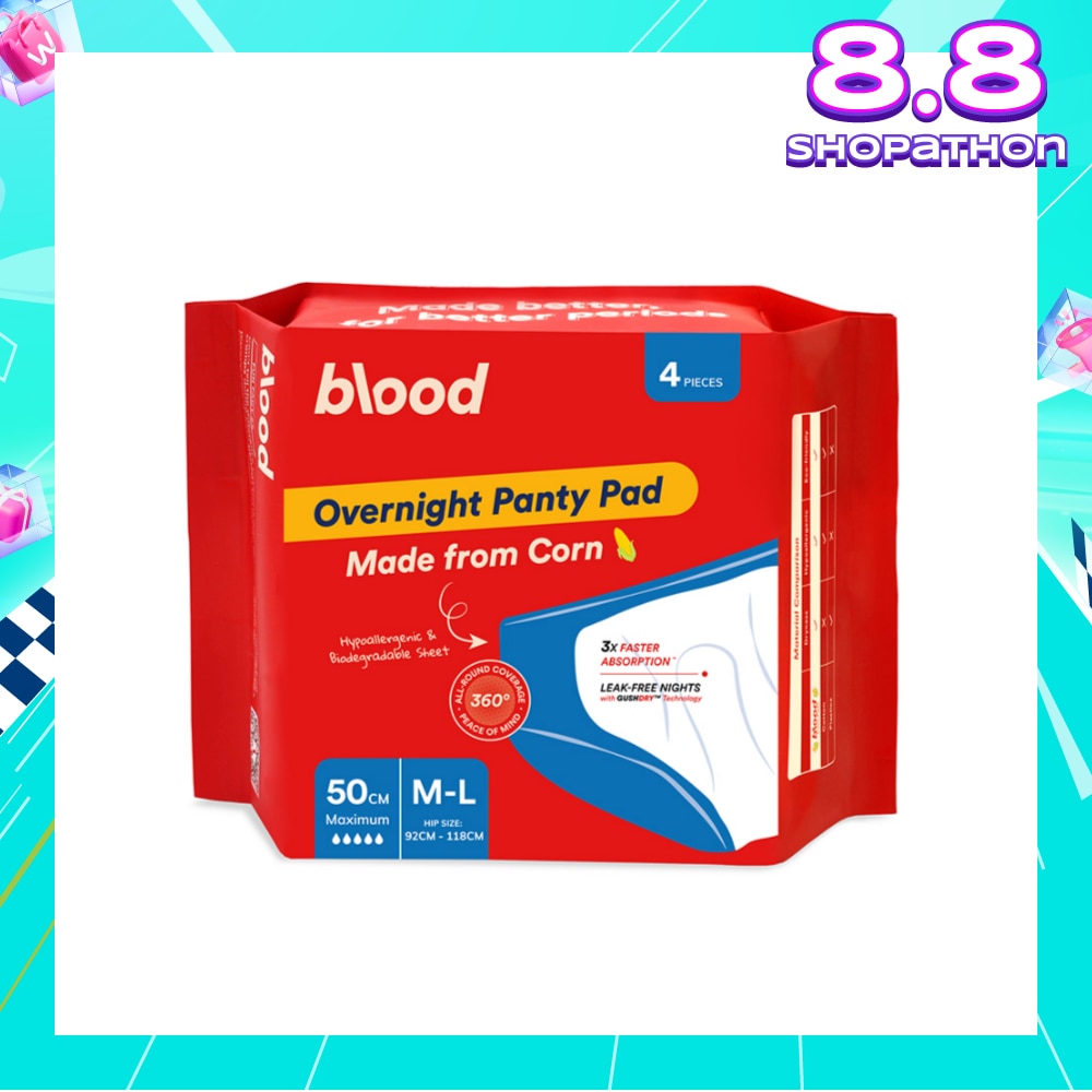Overnight Sanitary Panty Pad Size M/L 50cm (Hip Size 92cm-120cm + Made from Corn + 360° Leak-Free Protection) 4s