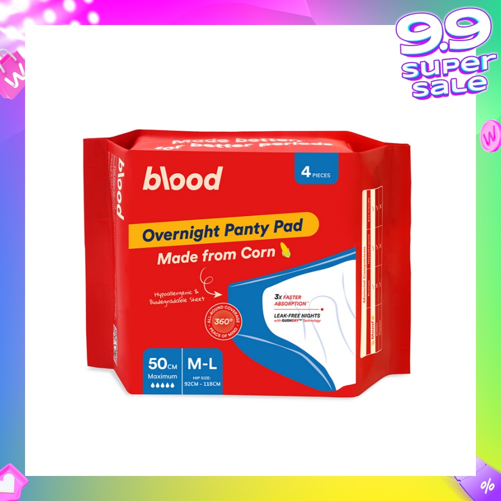 Overnight Sanitary Panty Pad Size M/L 50cm (Hip Size 92cm-120cm + Made from Corn + 360° Leak-Free Protection) 4s
