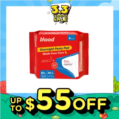 BLOOD Overnight Sanitary Panty Pad Size M/L 50cm (Hip Size 92cm-120cm + Made from Corn + 360° Leak-Free Protection) 4s