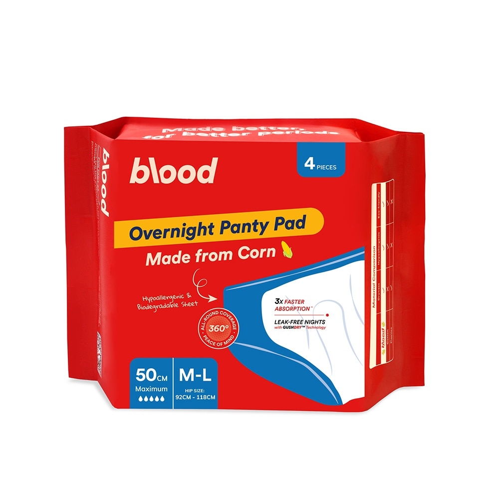 Overnight Sanitary Panty Pad Size M/L 50cm (Hip Size 92cm-120cm + Made from Corn + 360° Leak-Free Protection) 4s