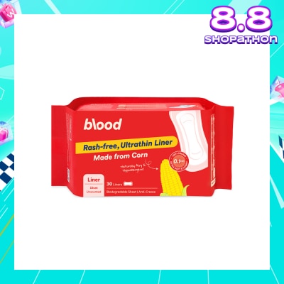 BLOOD Panty Liner Unscented Anti-Crease Extra Soft (100% Corn Topsheet + Suitable For Daily Wear) 30s