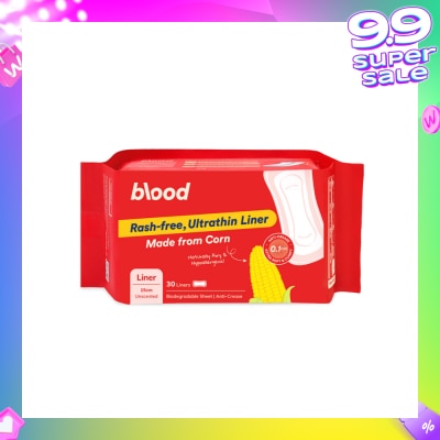 BLOOD Panty Liner Unscented Anti-Crease Extra Soft (100% Corn Topsheet + Suitable For Daily Wear) 30s
