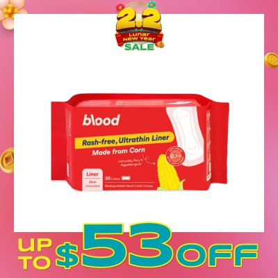 BLOOD Panty Liner Unscented Anti-Crease Extra Soft (100% Corn Topsheet + Suitable For Daily Wear) 30s (Expiry: Aug`2026)