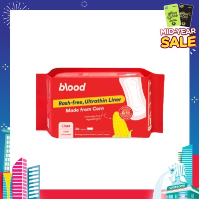 BLOOD Panty Liner Unscented Anti-Crease Extra Soft (100% Corn Topsheet + Suitable For Daily Wear) 30s