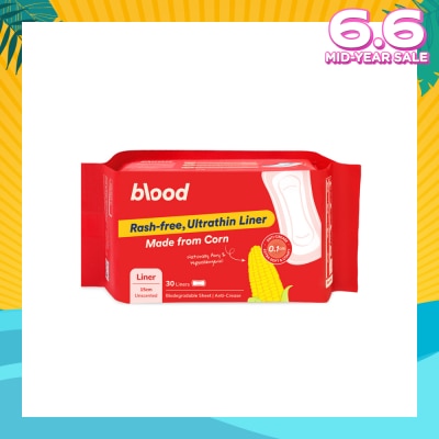 BLOOD Panty Liner Unscented Anti-Crease Extra Soft (100% Corn Topsheet + Suitable For Daily Wear) 30s