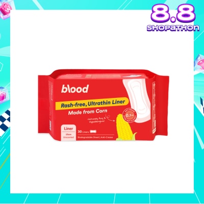 BLOOD Panty Liner Unscented Anti-Crease Extra Soft (100% Corn Topsheet + Suitable For Daily Wear) 30s