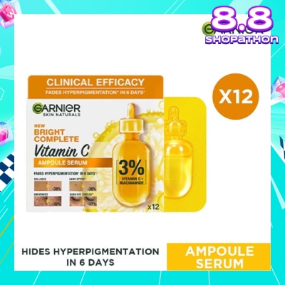 GARNIER Bright Complete Vitamin C Ampoule Serum (Contains 3% Vitamin C & Niacinamide , Reduces Hyperpigmentation) 1.5ml x 12s