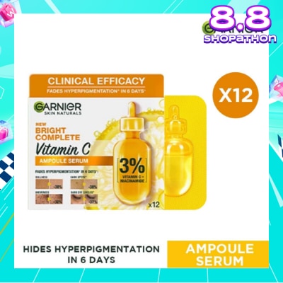 GARNIER Bright Complete Vitamin C Ampoule Serum (Contains 3% Vitamin C & Niacinamide , Reduces Hyperpigmentation) 1.5ml x 12s