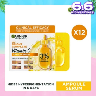 GARNIER Bright Complete Vitamin C Ampoule Serum (Contains 3% Vitamin C & Niacinamide , Reduces Hyperpigmentation) 1.5ml x 12s