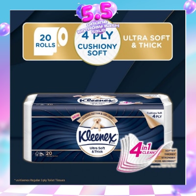 KLEENEX - KLEENEX Ultra Soft & Thick Cushion Soft 4ply Toilet Roll Bathroom Tissue 20s
