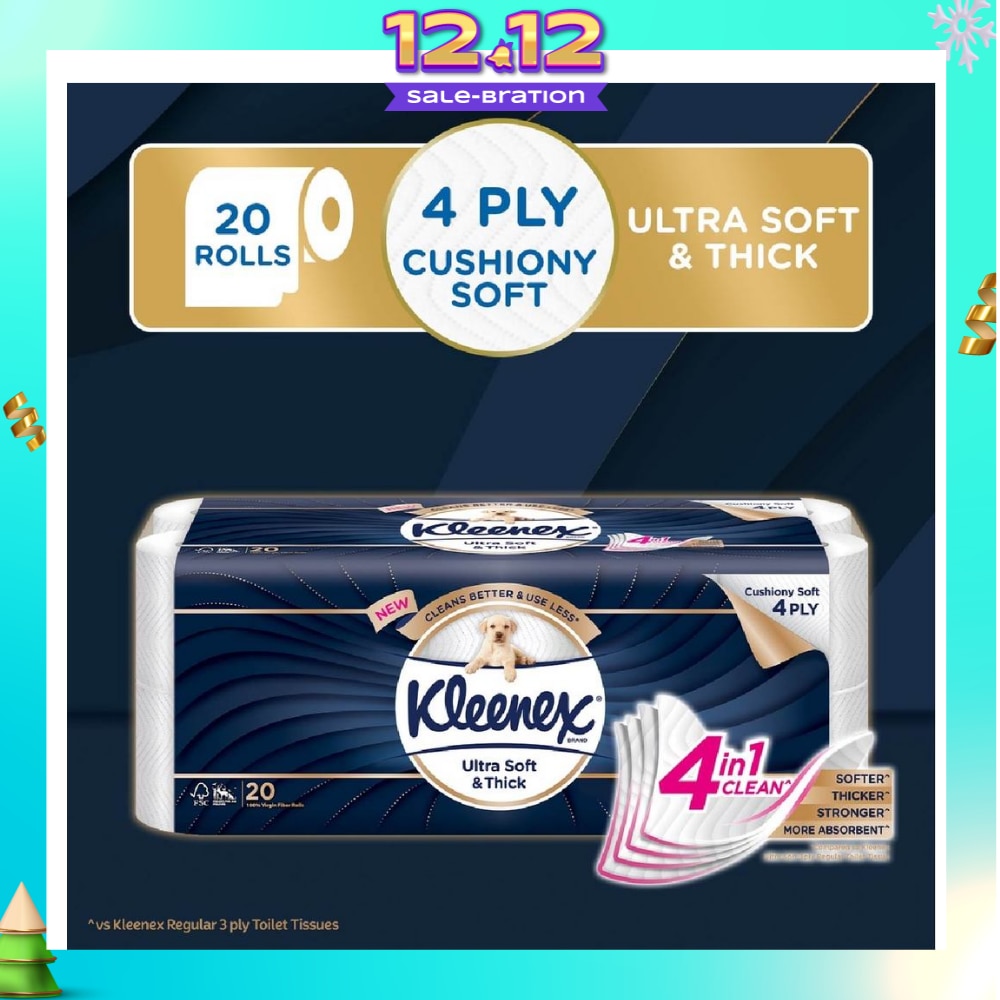 KLEENEX Ultra Soft & Thick Cushion Soft 4ply Toilet Roll Bathroom Tissue 20s<BR>