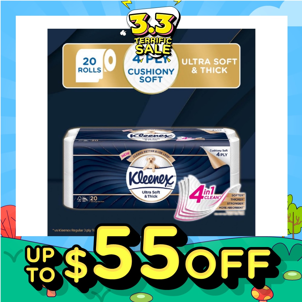 KLEENEX Ultra Soft & Thick Cushion Soft 4ply Toilet Roll Bathroom Tissue 20s<BR>