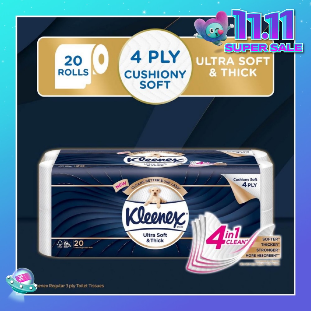 KLEENEX Ultra Soft & Thick Cushion Soft 4ply Toilet Roll Bathroom Tissue 20s<BR>
