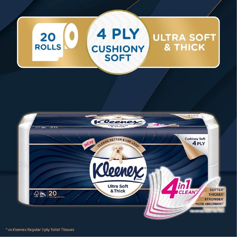 KLEENEX Ultra Soft & Thick Cushion Soft 4ply Toilet Roll Bathroom Tissue 20s<BR>