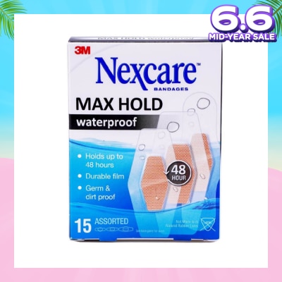 NEXCARE™ Max Hold Bandage Plaster Waterproof Assorted (Holds Up to 48hr + Seals Out Water, Dirt & Germ) 15s
