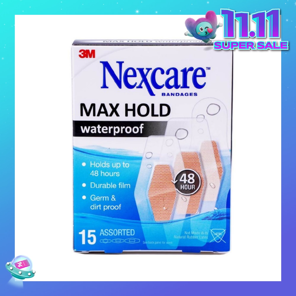 Max Hold Bandage Plaster Waterproof Assorted (Holds Up to 48hr + Seals Out Water, Dirt & Germ) 15s
