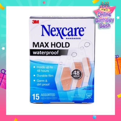 NEXCARE™ Max Hold Bandage Plaster Waterproof Assorted (Holds Up to 48hr + Seals Out Water, Dirt & Germ) 15s