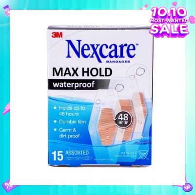 NEXCARE™ Max Hold Bandage Plaster Waterproof Assorted (Holds Up to 48hr + Seals Out Water, Dirt & Germ) 15s
