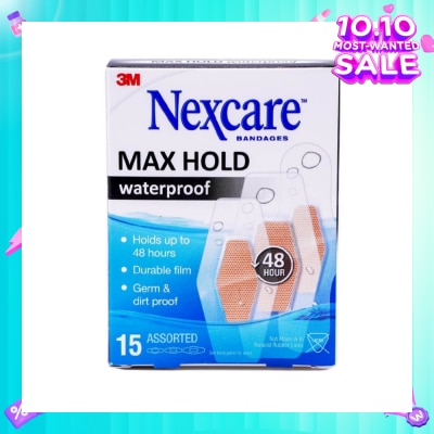 NEXCARE™ Max Hold Bandage Plaster Waterproof Assorted (Holds Up to 48hr + Seals Out Water, Dirt & Germ) 15s