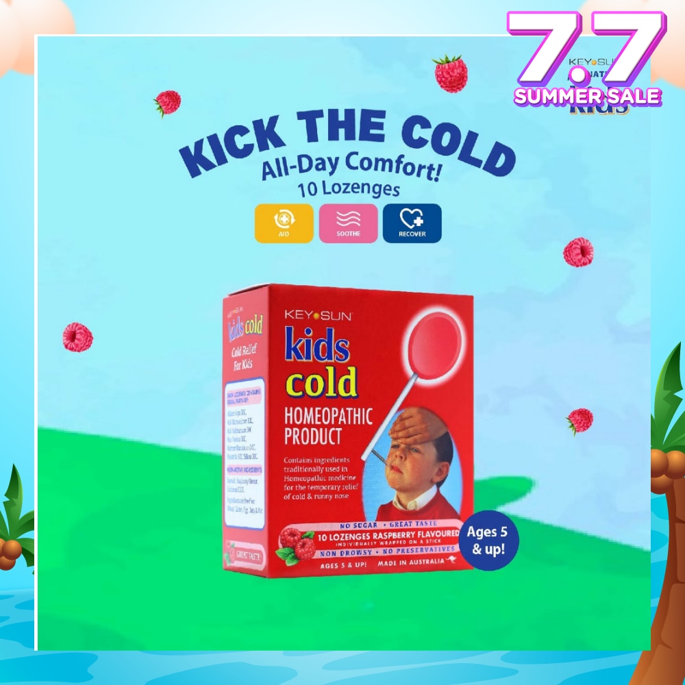 KEY SUN All Kids Natural Lozenges for Kids Raspberry (Individually Packed + For Temporary Relief of Cold & Runny Nose + Suitable for Age 5 & Up) 10s