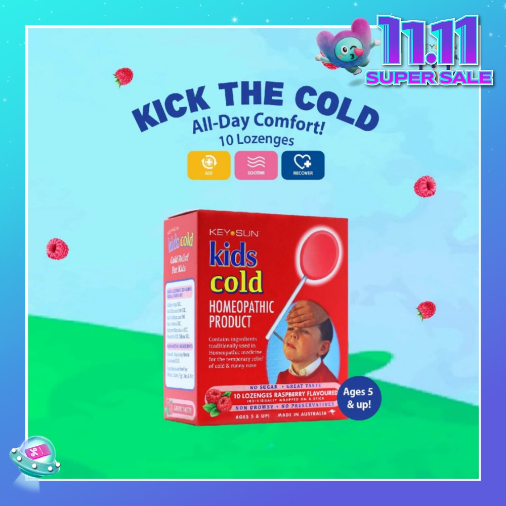 KEY SUN All Kids Natural Lozenges for Kids Raspberry (Individually Packed + For Temporary Relief of Cold & Runny Nose + Suitable for Age 5 & Up) 10s