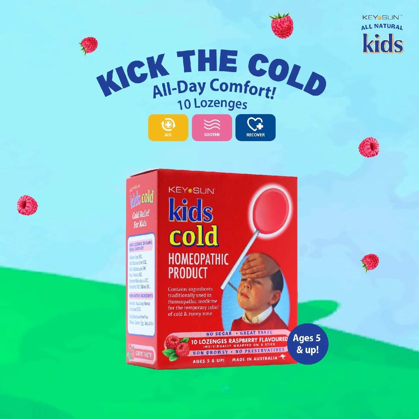 All Kids Natural Lozenges for Kids Raspberry (Individually Packed + For Temporary Relief of Cold & Runny Nose + Suitable for Age 5 & Up) 10s