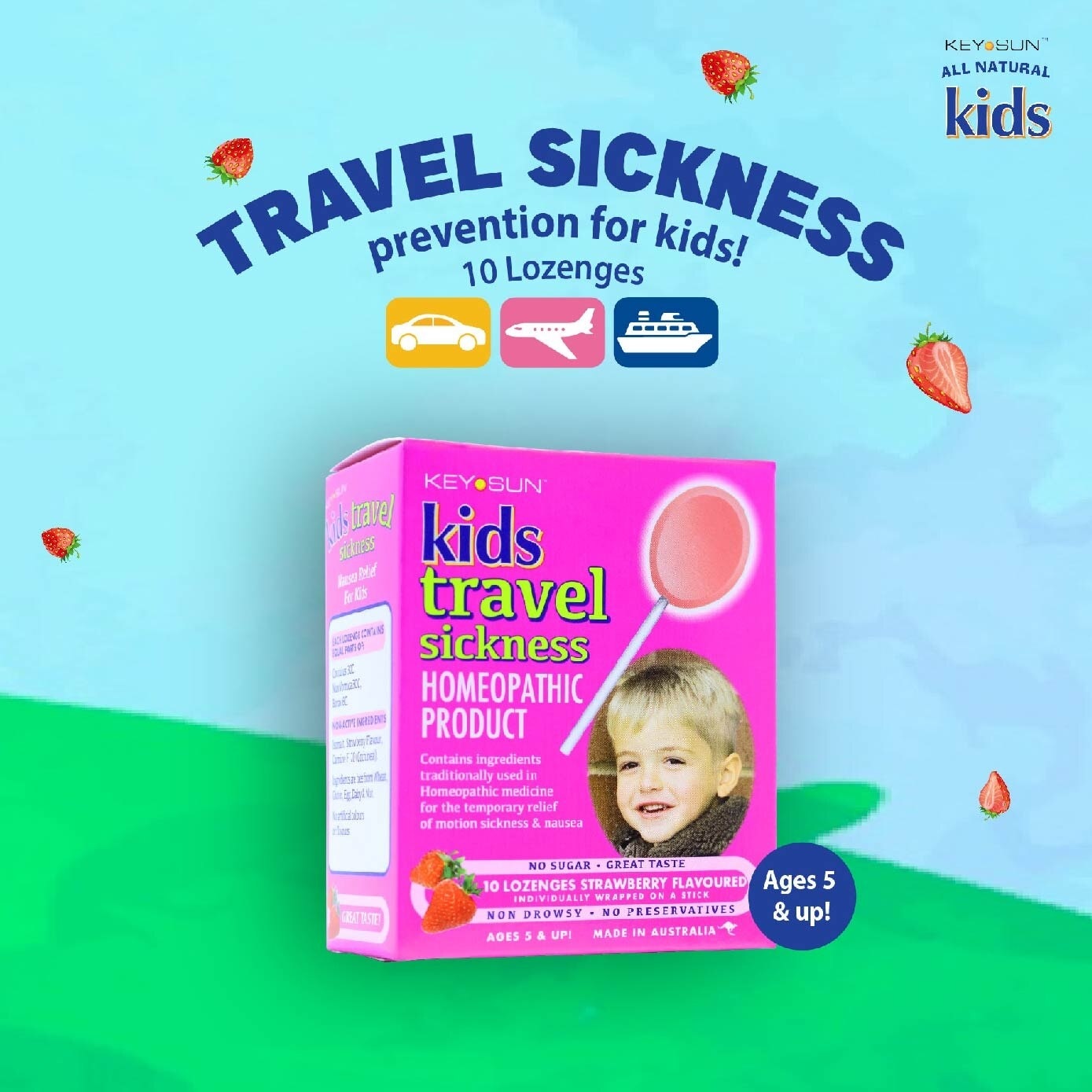 All Natural Kids Lozenges for Kids Strawberry (Individually Packed + For Temporary Relief of Motion Sickness & Nausea + Suitable for Age 5 & Up) 10s