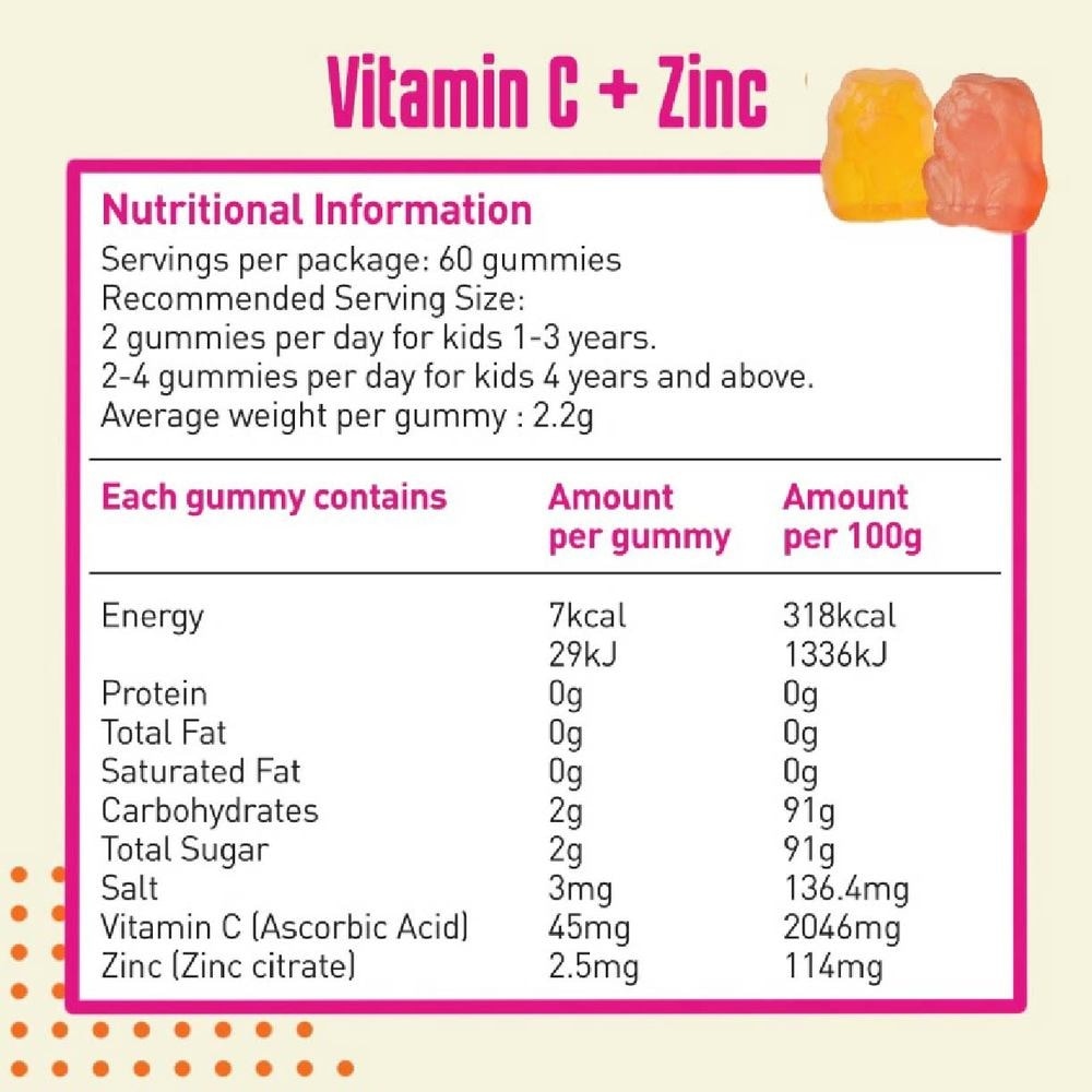 Kids Daily Gummy Vitamins C + Zinc 30 Day Supply (For Immune Support) 60s