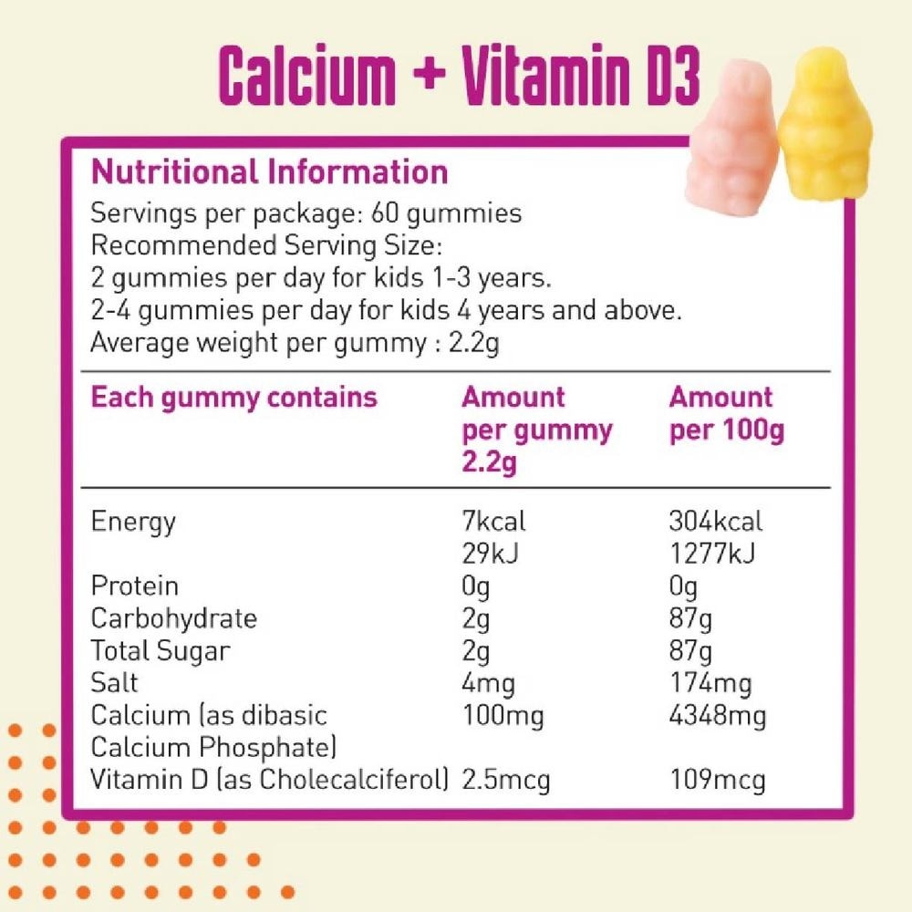 Kids Daily Vitamin Gummy 30 Day Supply (Calcium + Vitamin D3 for Bone and Immune Health) 60s