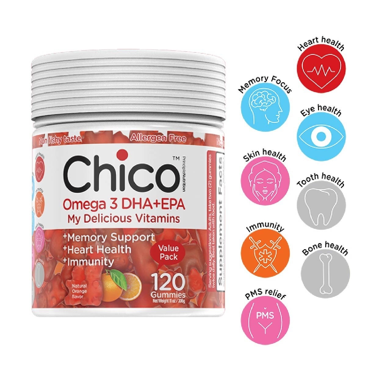 Omega 3 DHA + EPA Vitamin Gummies Natural Orange Flavour (Non-Fishy Taste + Allergen Free) 120s